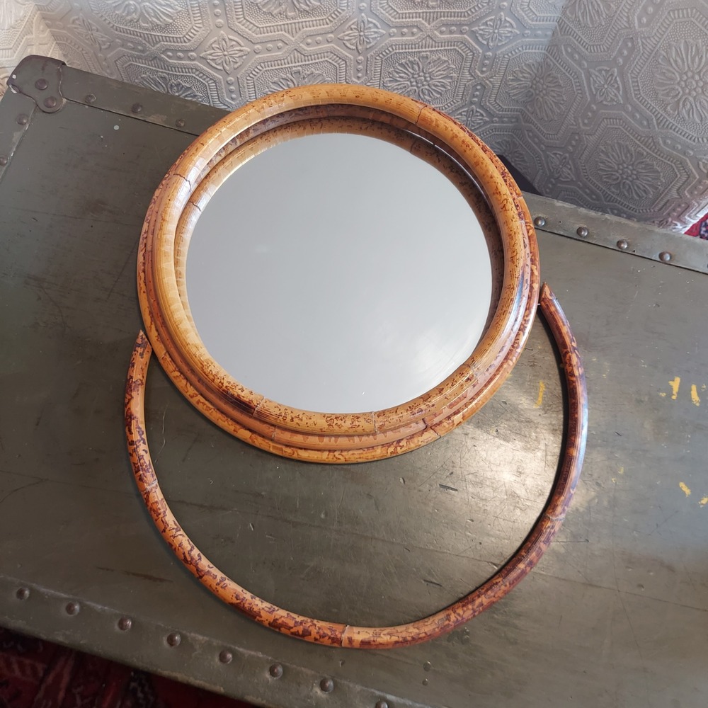 Vintage Round Tortoise Bamboo Rattan Layered Wall Mirror Towel Hang Boho MCM 13"